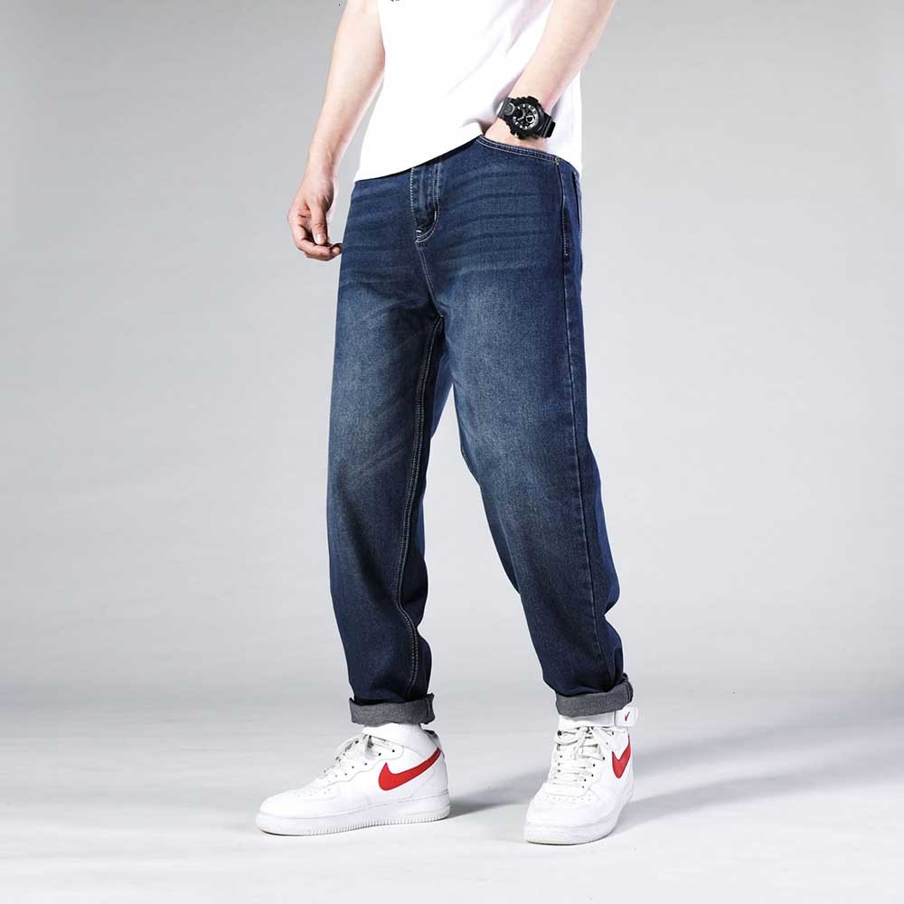 

2021 New Hip Hop Loose Baggy Jeans Man Denim Pants Plus Size Density Cotton Wear Skateboard Hare Breeches Men's Clothing 41a1, Blue.