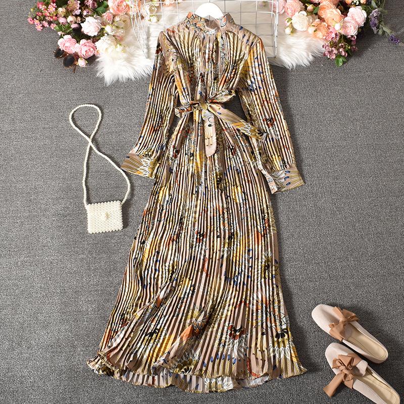 

Casual Dresses Pleated Vintage Dress Woman Long Sleeve Ankle-Length Party For Women 2021 Stand Sashes Boho Maxi Autumn, Mixed
