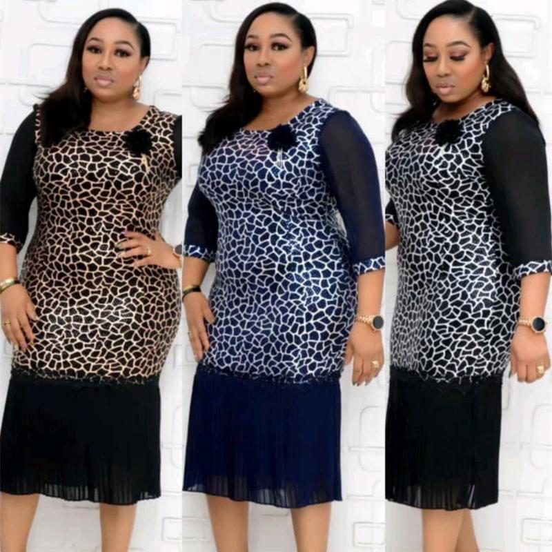 

Plus Size Dresses 2021 African Style Leopard Printed Pleated Dress For Women, Black