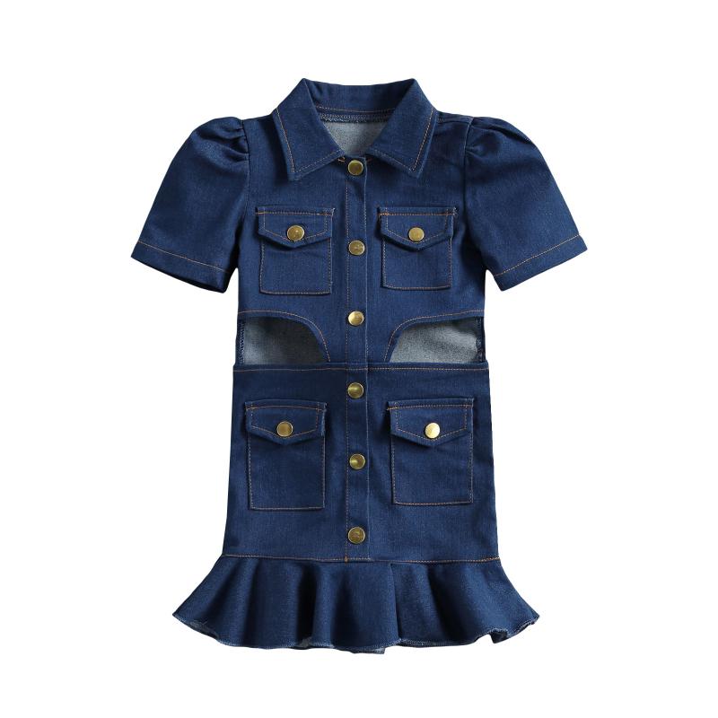

Girl's Dresses 2021 Baby Summer Clothing Kid Girls Vintage Denim Shift Dress, Lapel Short Sleeve Cut Out Buttons Ruffle Mini 1-6T, Red;yellow
