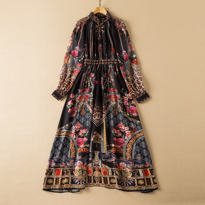 

2022 Spring Long Sleeve Stand Collar Black Floral Leopard Print Panelled Buttons Chiffon Long Maxi Dress Elegant Elastic Waist Casual Dresse, Black;gray