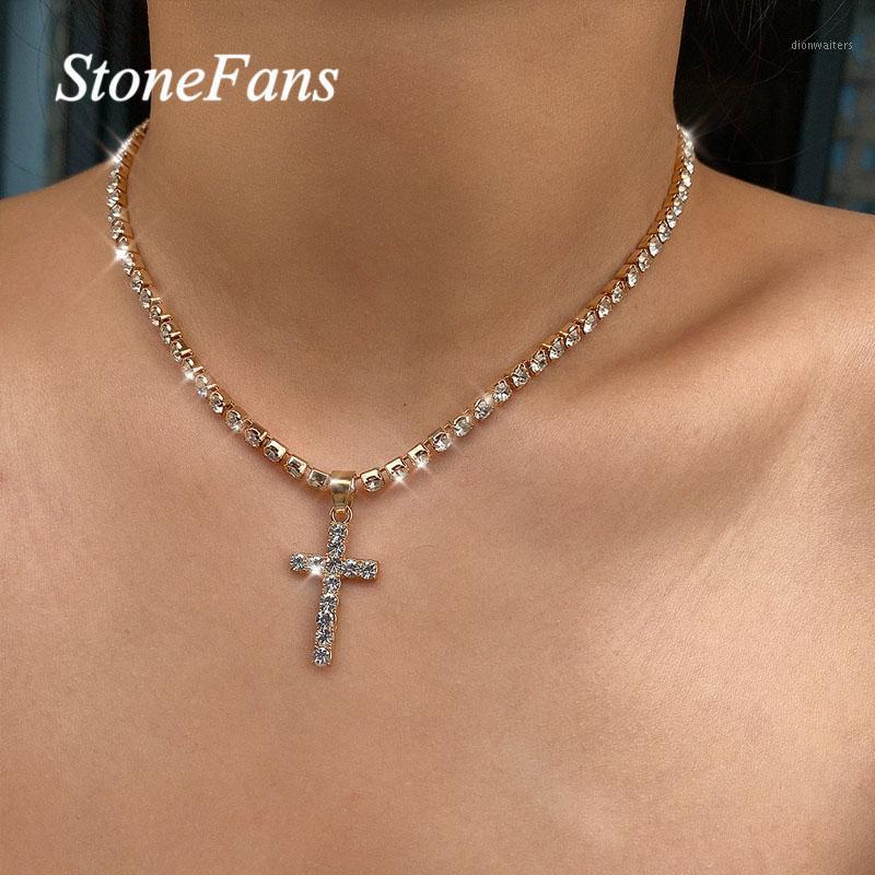 

Chains Stonefans Vintage Gold Cross Pendant Necklace Crystal Chain For Women Bling Rhinestone Collar Statement Jewelry