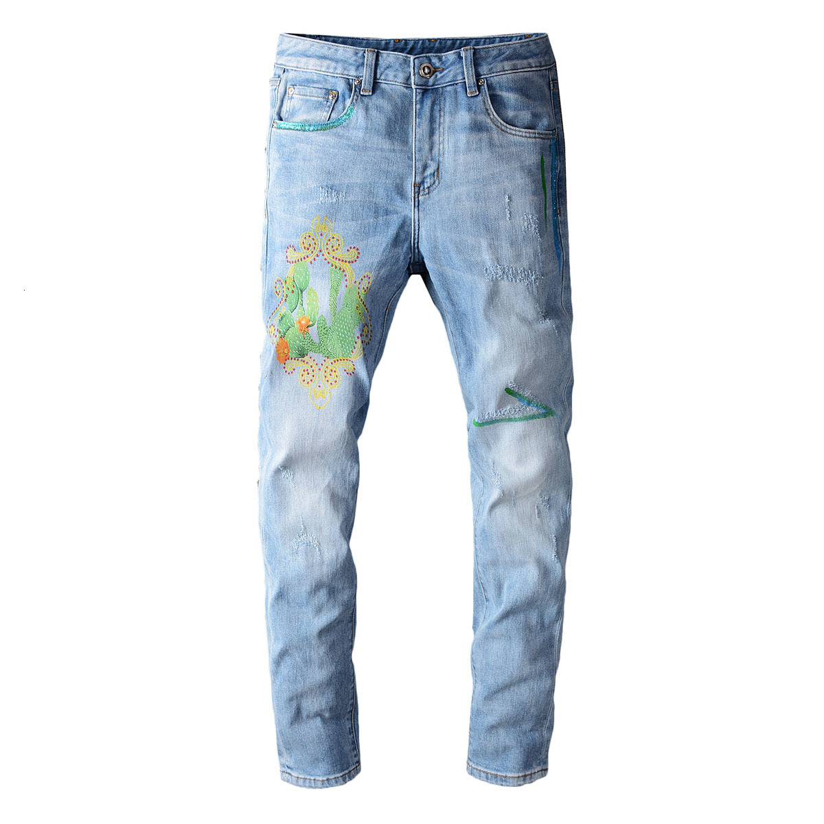 

2021 New Men's Male Autumn High-end Brand Print Jeans Mens Light-colored Slim-fit Stretch Trousers Denim Pants 710 1zh2, Blue