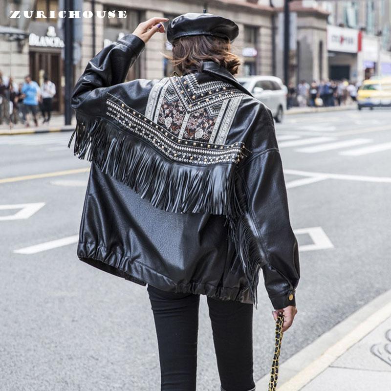 

Women' Leather & Faux ZURICHOUSE Tassel Jacket Women Motorcycle Black PU Coat 2021 Street Punk Rivet Embrodiery Biker Jackets, Have tassel