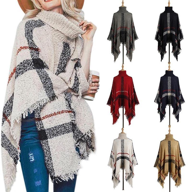 

Women's Sweaters Poncho Sweater Women Fringed Stripe Knit Pullover Cape Coat High Collar Vintage Shawl Scarf Panchos Female Winter, Black