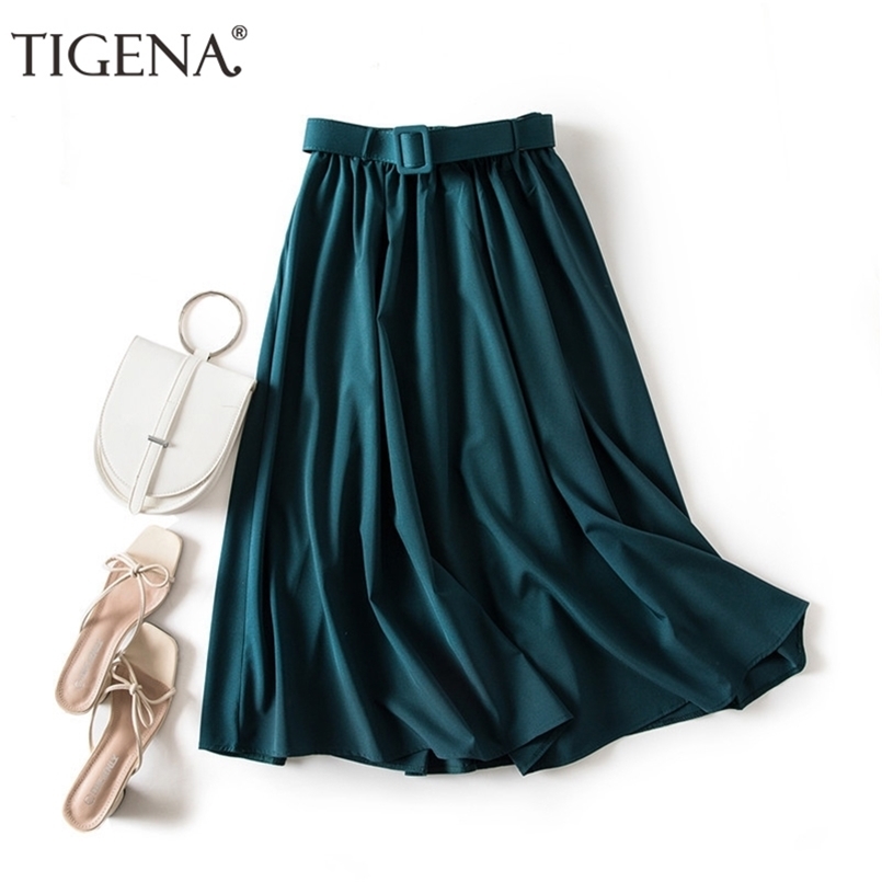 

TIGENA Elegant Long Skirt for Women with Belt Summer Korean Fashion Solid A Line Elastic High Waist Pleated Female 210702, Khaki