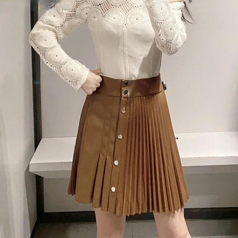 

Skirts Female Ladies Mini Sexy Women Pleated Faux Leather Skirt With Metal Snap Button Front Fastening, Picture color