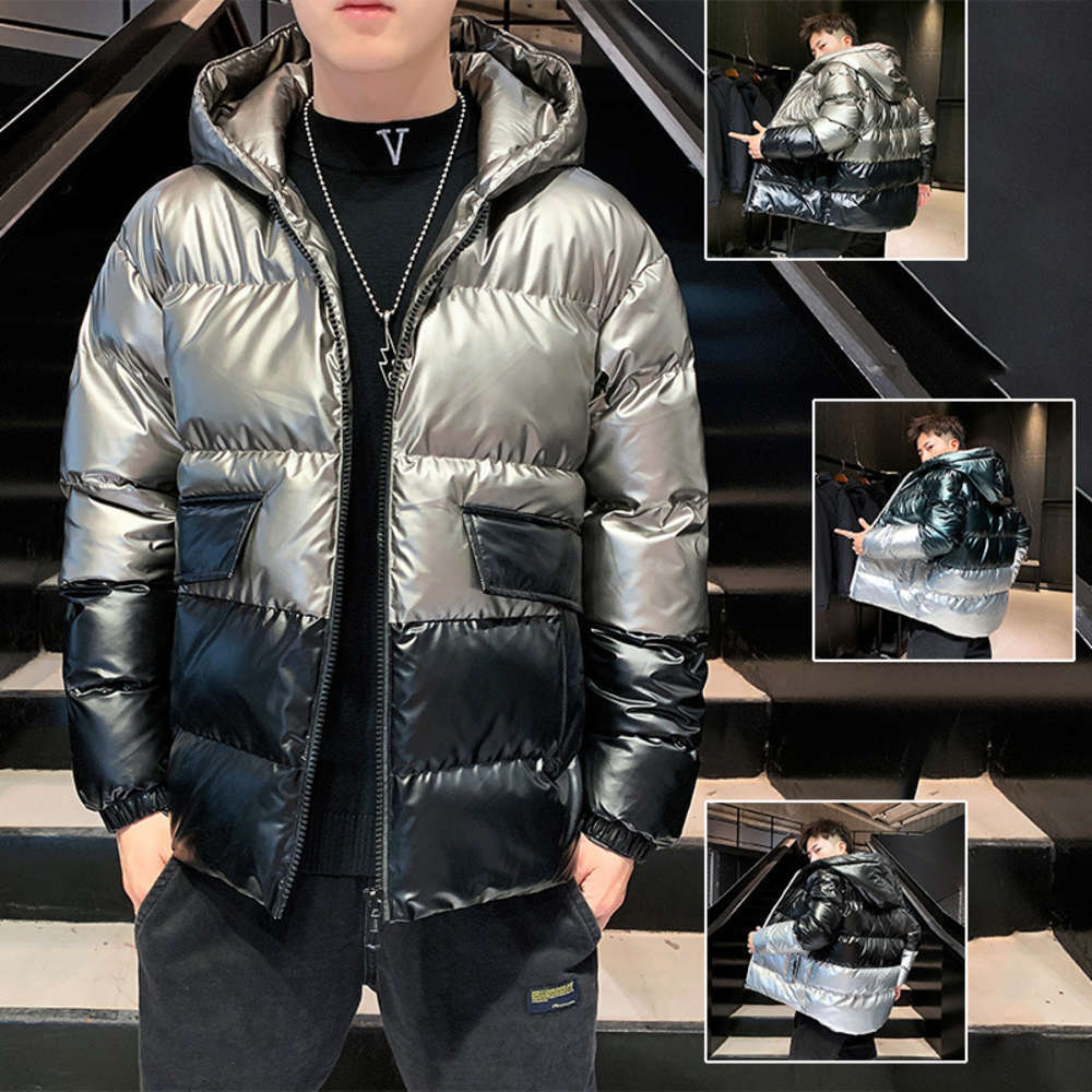 

2021 winter trend leisure thickened coat for young men hooded zipper bright face Men's cotton padded clothes, Black