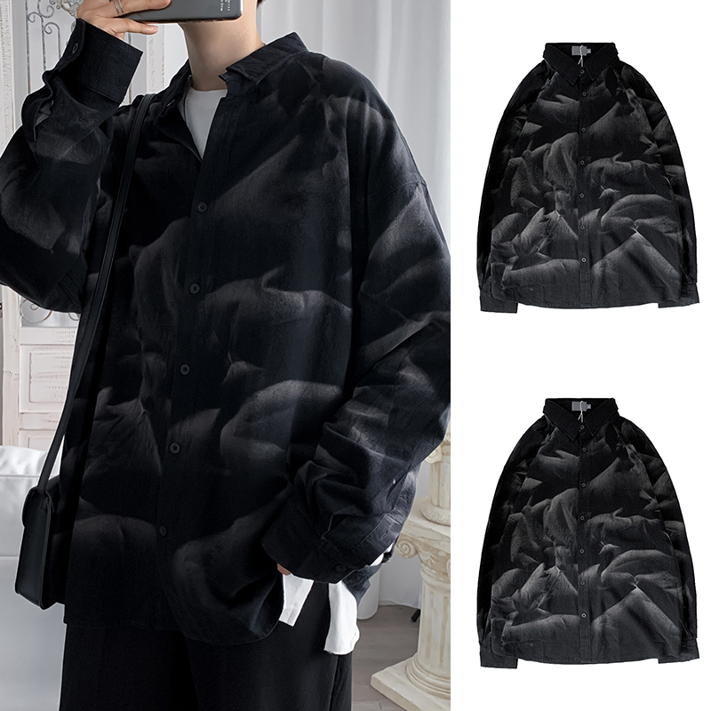 

2021 New Spring Tie-dye Men's Fashion Printing Retro Casual Men Streetwear Korean Loose Long-sleeved Shirts Mens Shirt 5m3j, White