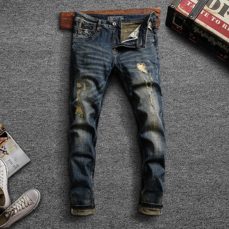 

2021 New Italian Style Fashion Men Jeans Vintage Retro Blue Elastic Slim Fit Ripped Denim Pants Streetwear Patchwork Designer Trousers Nwxg