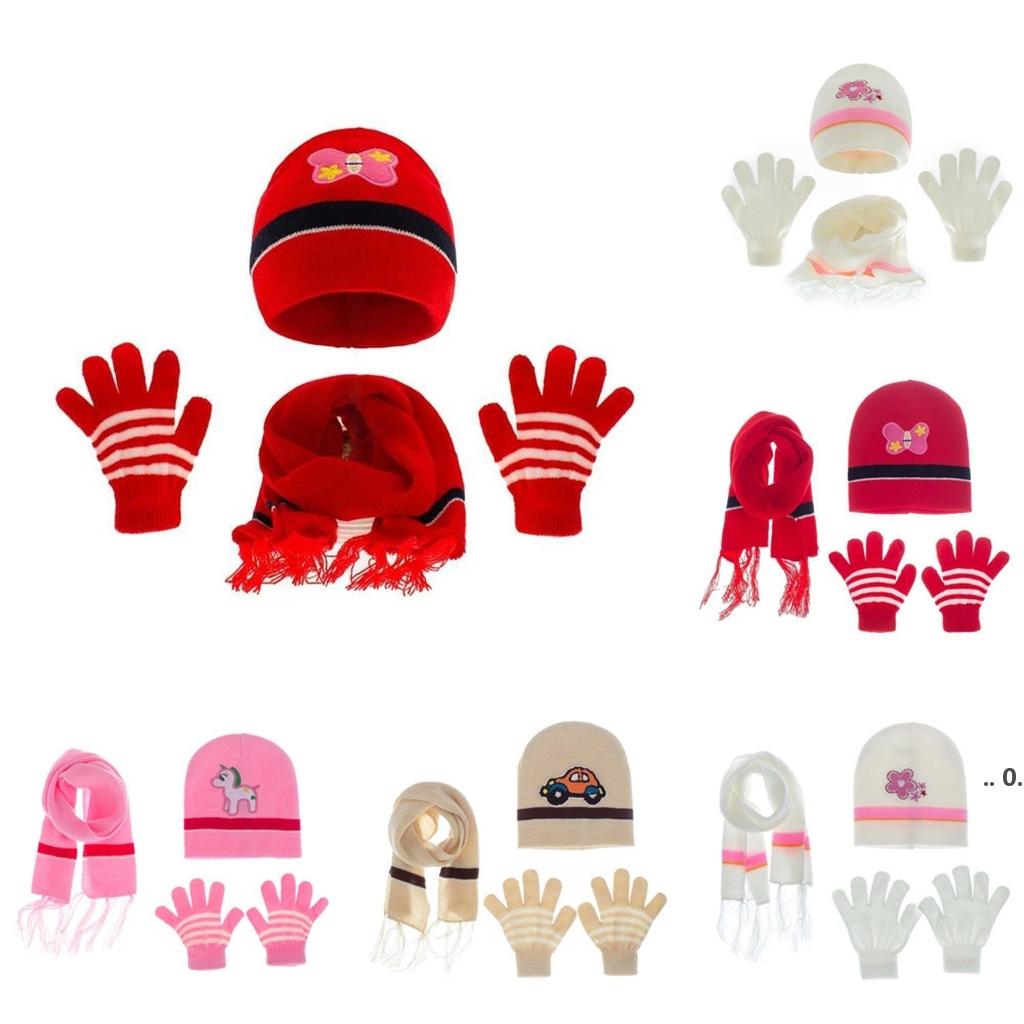 

Winter warm knit beanie hat + striped tassels scarf + finger gloves 3 piece set infants kids unicorn cartoon embroidery slouchy cap RRA10010