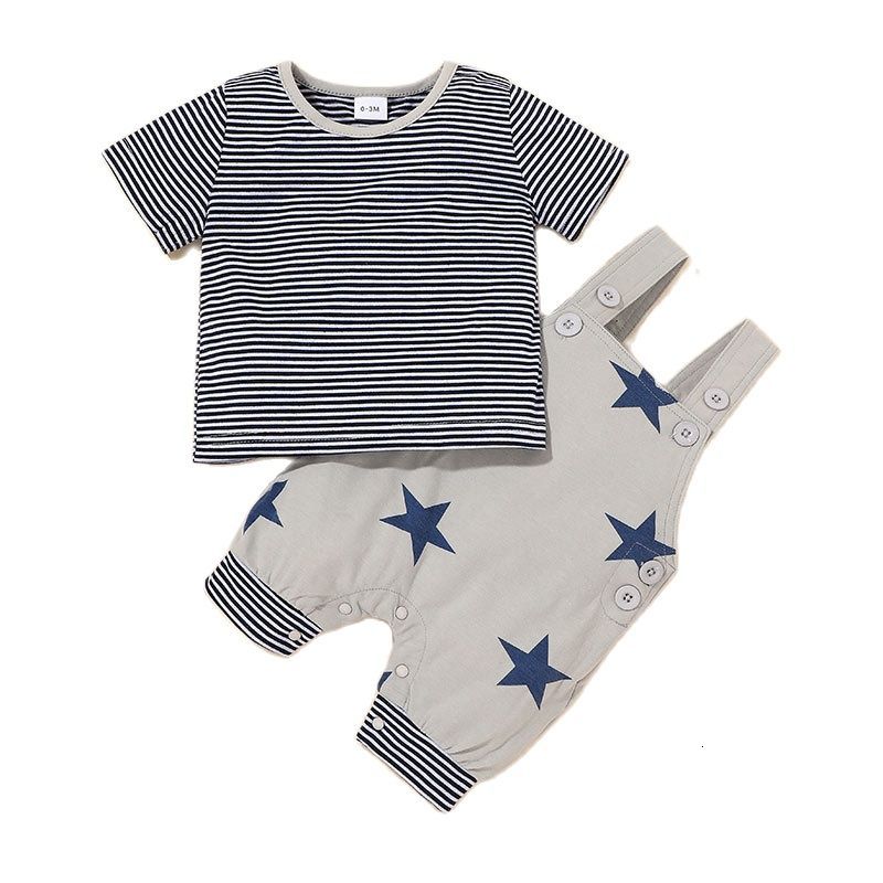 

New 2021 Summer Baby Boys Clothes Set 2pcs Cotton Short Sleeve Striped Shirt+star Dungaree 3 Colours Kids Outfit Children Suit Lwru, Army green