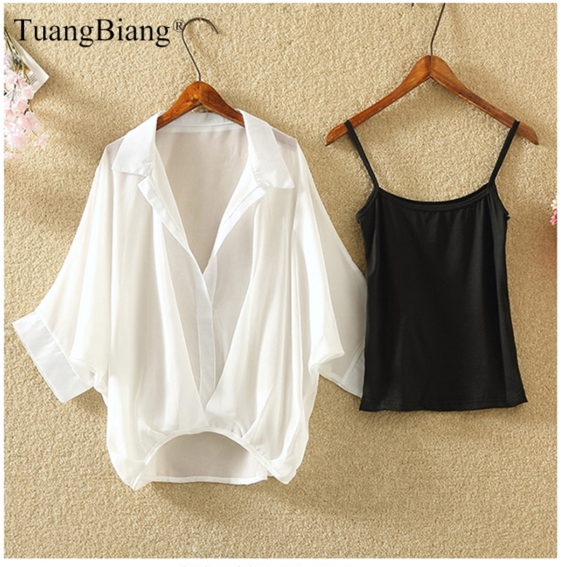 Ladies Two Piece Set Plus Size Chiffon Shirts Summer Half Sleeve Loose V-Neck Women Casual Blouse Autumn Sexy Cool Tops 210225Z