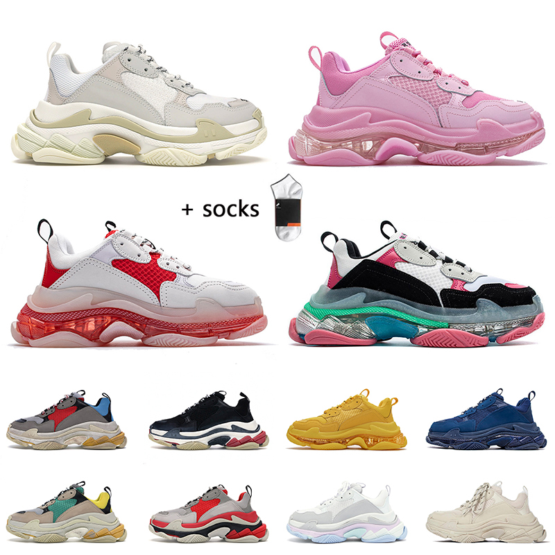 

Hot Fashion New Luxurys Triple S For Womens Mens Casual Shoes Triple-S Black White Pink Beige Neon Green Clear Sole Crystal Designer Paris 17FW Sneakers With Socks, D37 36-40 clear sole white green pink