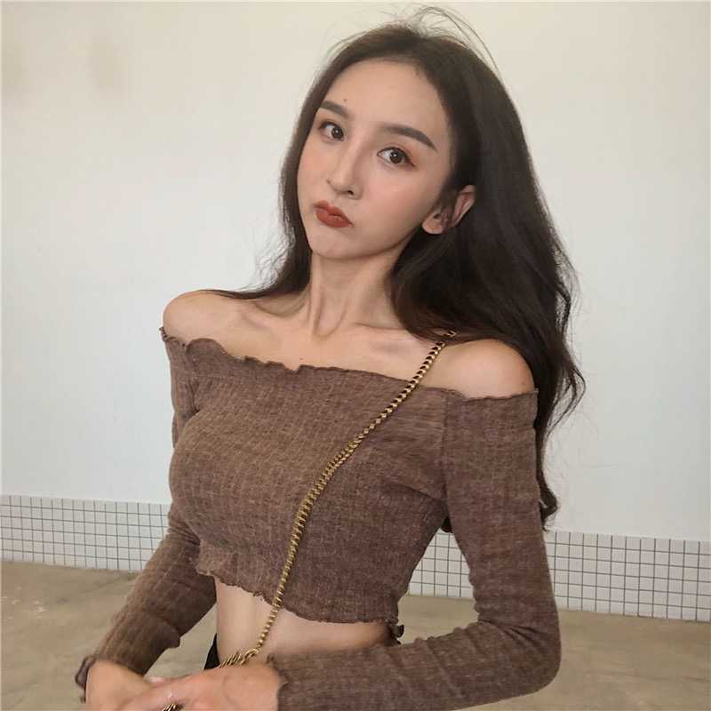 

Sexy one-line collar top women short off-shoulder slim long sleeves European and American 's solid color 210604, Brown