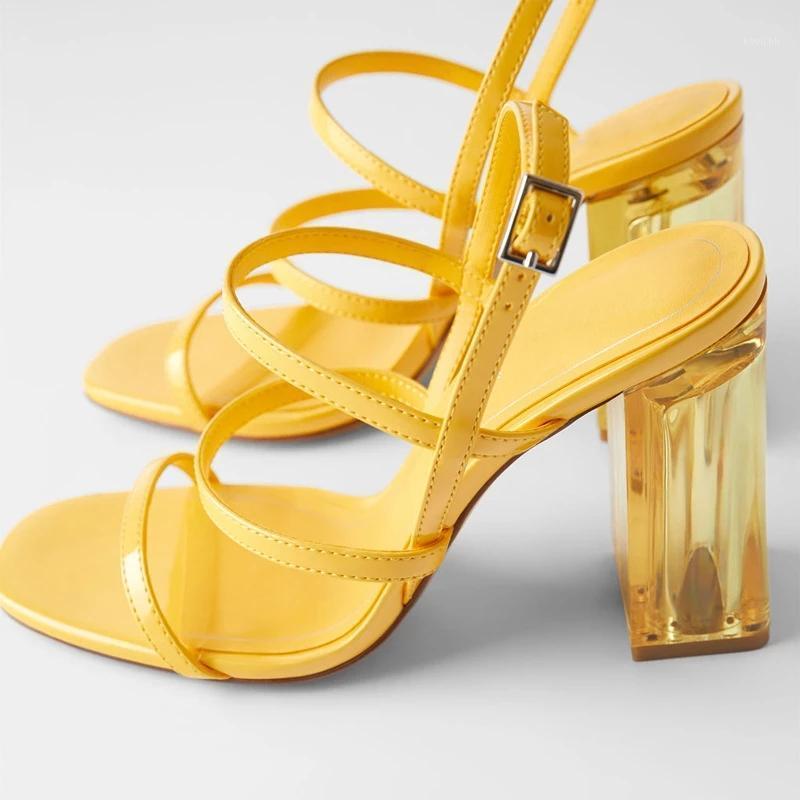 

Dress Shoes Brand Women Summer Sandals Ankle Strap High Heels Transparent Heel 2021 Thick Female Open Toe, Yellow
