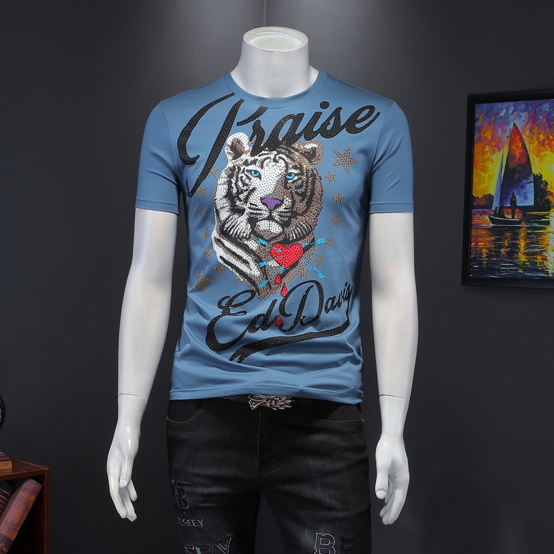 

2021 summer new tiger head hot drilling T-shirt men' short-sleeved mercerized cotton round neck trendy half-sleeve bottoming shirt, White