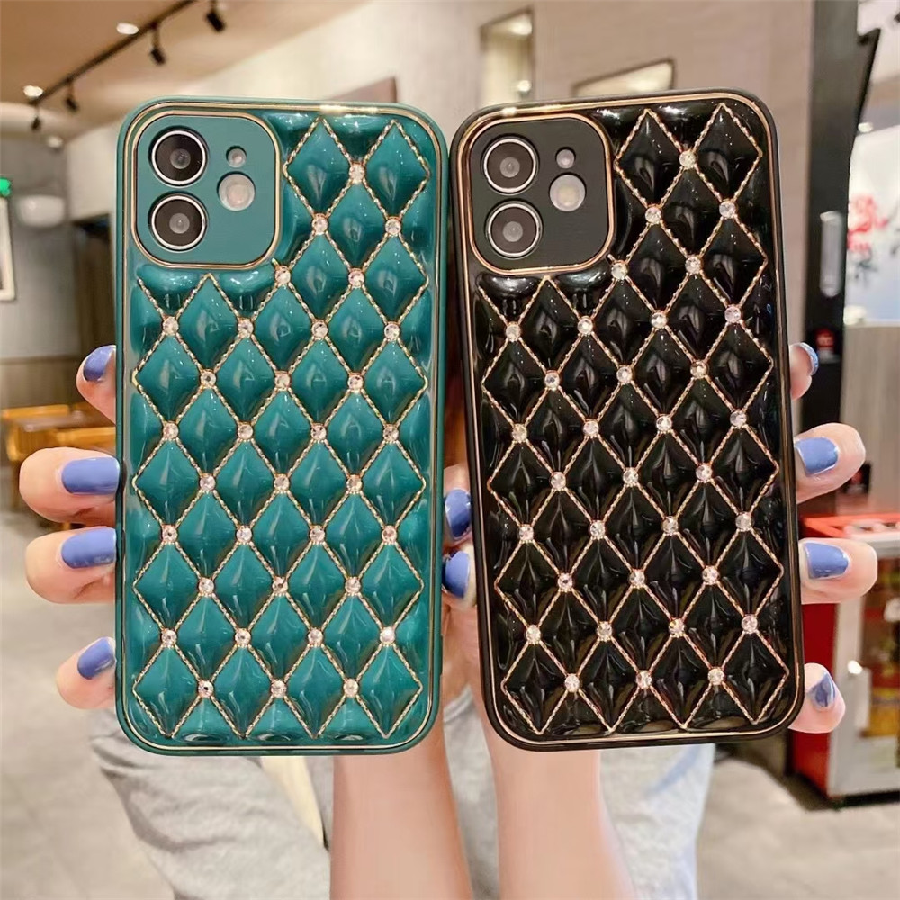 

iPhone Case 13 12 11 Pro Max Mini Xr Xs X 10 Grid Lattice Soft Leather Cover for Women Golden Lines Diamonds Bling