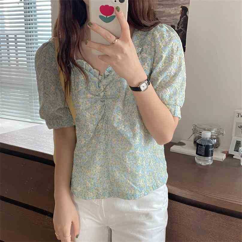 

Square Collar Florals Chic Party Printed Elegance Cotton Blouses OL Lady Girls All Match Prom Shirts Tops 210525, Blue