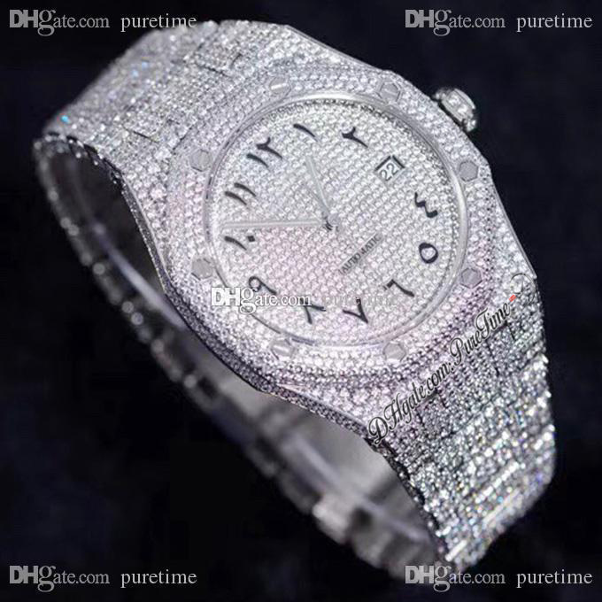 

Designer watch Brand Watches Paved Diamonds 15400 A3120 Automatic Mens Arabic Script Fully Iced Out Stainless Steel Bracelet Super Puretime, No