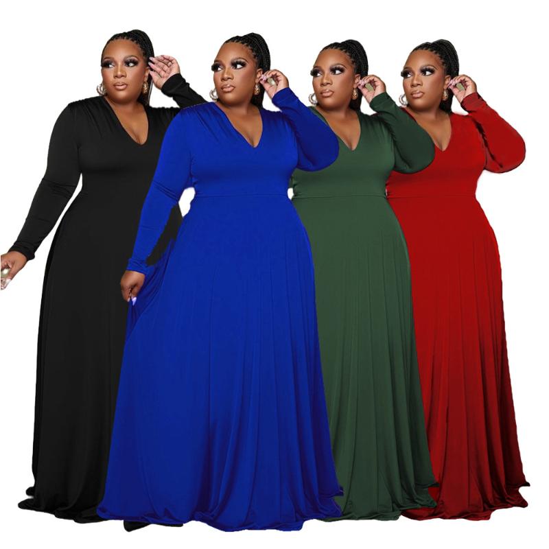 

Casual Dresses Plus Size Clothing Elegant Party Dress Women Christmas Birthday Fashion Evening Maxi Long Sleeves V Neck Stretchy Gowns, Black
