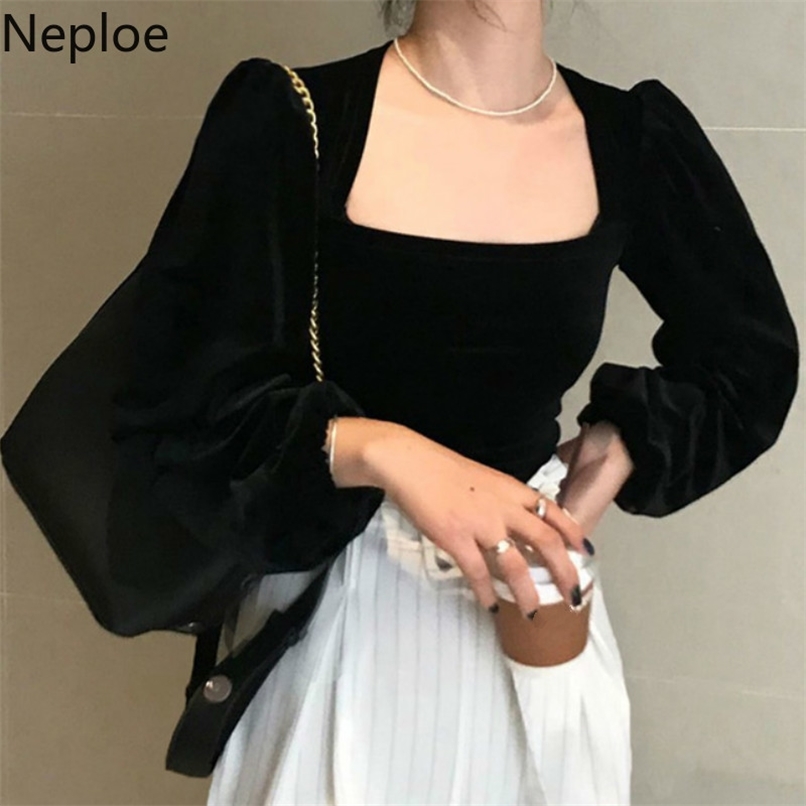 

Neploe Retro Gold Velet Square Collar Puff Long Sleeve Short T Shirt Solid Slim Fit Temperament Autumn Spring Tee 211110, Black