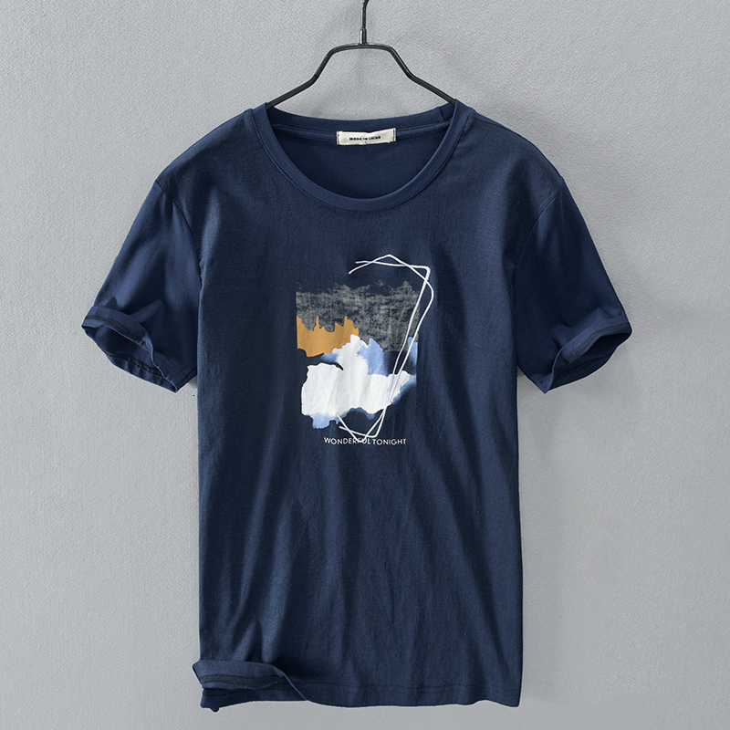 

2021 New Cotton and Flax Mixed Summer Short-sleeved Shirt Brand Fashion T-shirt for Men Casual Comfortable t Shirts Male Chemise 12sw, Royal blue