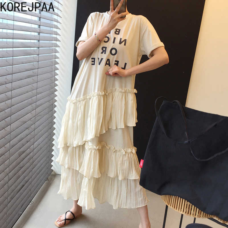 

Korejpaa Women Dress Summer Korean Chic Retro Temperamen Round Neck Wooden Ear Stitching Loose Irregular Cake Style Vestido 210526, Beige