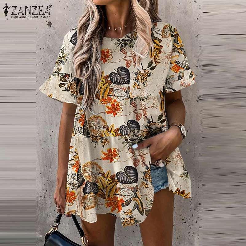 

Women's Blouses & Shirts ZANZEA Women Retro Floral Printed Blouse Summer O Neck Short Sleeve Shirt 2021 Vintage Loose Casual Tunic Blusas To, White