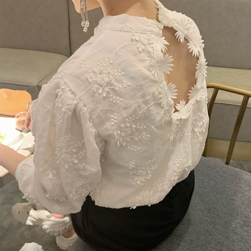 

2021 New Nova Blusa Feminina Tridimensional Bordado Margarida Rendas Senhoras Sexy Voltar Oco Manga Camisas Femininas Topo Gwgt, Black