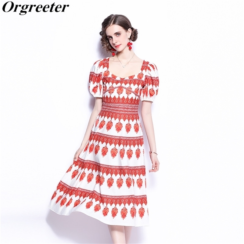 

Brand Design Party Dress Robe Femme Summer Square collar Short Puff sleeve High waist Parint Retro Vestidos 210602, Red