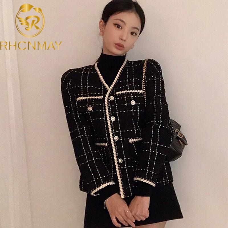 

Women' Jackets Luxury Designer Wool Coat Women Black Vintage V Neck Plaid Tweed Golden Buttons Elegant Office Lady Outwear Korean
