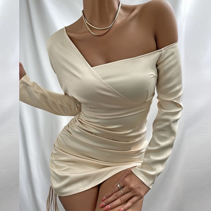 

2021 New Women Spring Sexy Off Shoulder Chic Drawstring Irregular Slim Female Autumn Long Sleeve Bodycon Midi Party Vestidos L3pp, Apricot