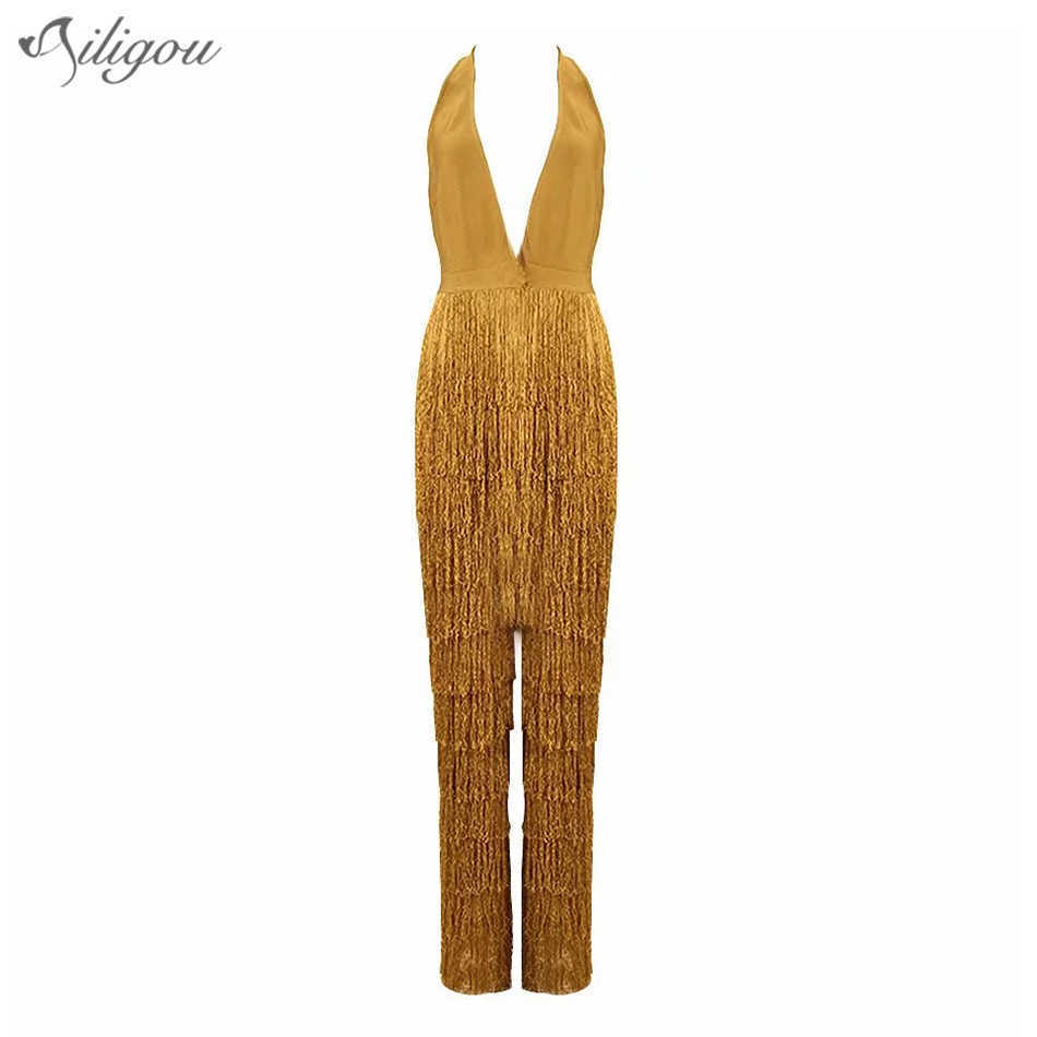 

Summer Ladies Bandage Jumpsuit Yellow Tassel Bodycon Club V-Neck Party Sexy Spandex 210527, Ginger