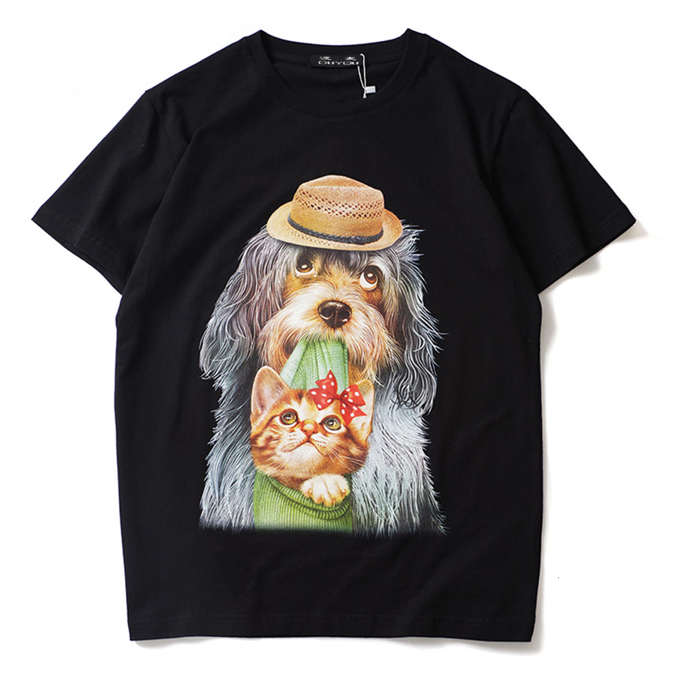 

2021 New Hip Hop Dog and Cat Printed Short Sleeve Tee Shirts Summer Men Casual Cotton Streetwear T-shirt Fashion Tshirts Y7dx, Black