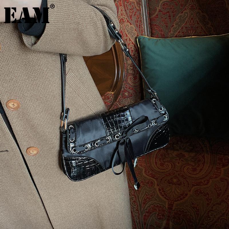 

[EAM] Women New Black Bandage Bow Crocodile Pattern Silk Personality All-match Crossbody Shoulder Bag Fashion Tide 2021 18A1122