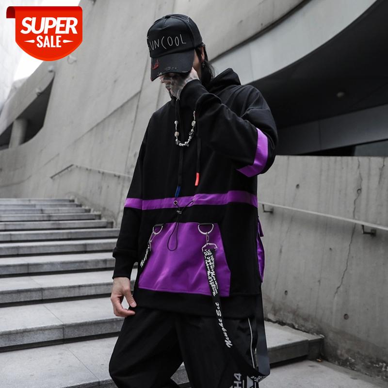 

2020 NEW Color Patchwork Ribbon Fashion URBAN STREET WEAR Mens Hoodies Hip Hop Casual Hooded Sweatshirts Streetwear Full Sleeve #MZ0U, Black
