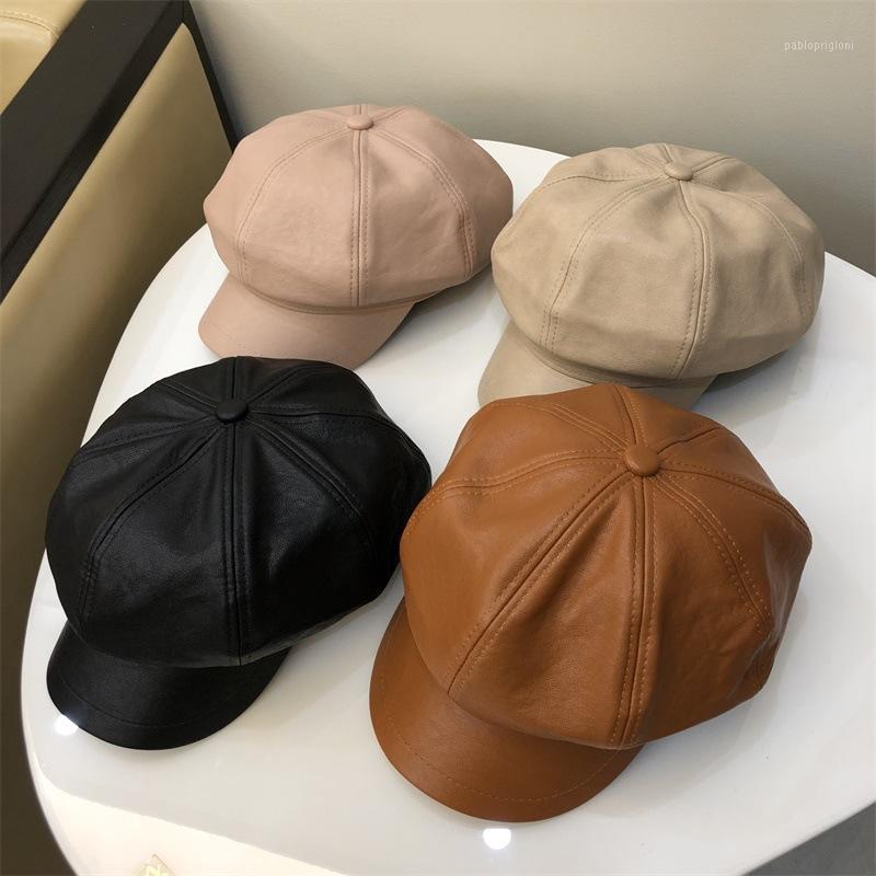 

Berets Autumn And Winter Retro Imitation Leather Octagonal Peaked Cap Women's Korean Style Fashion Beret Student Painter, Black