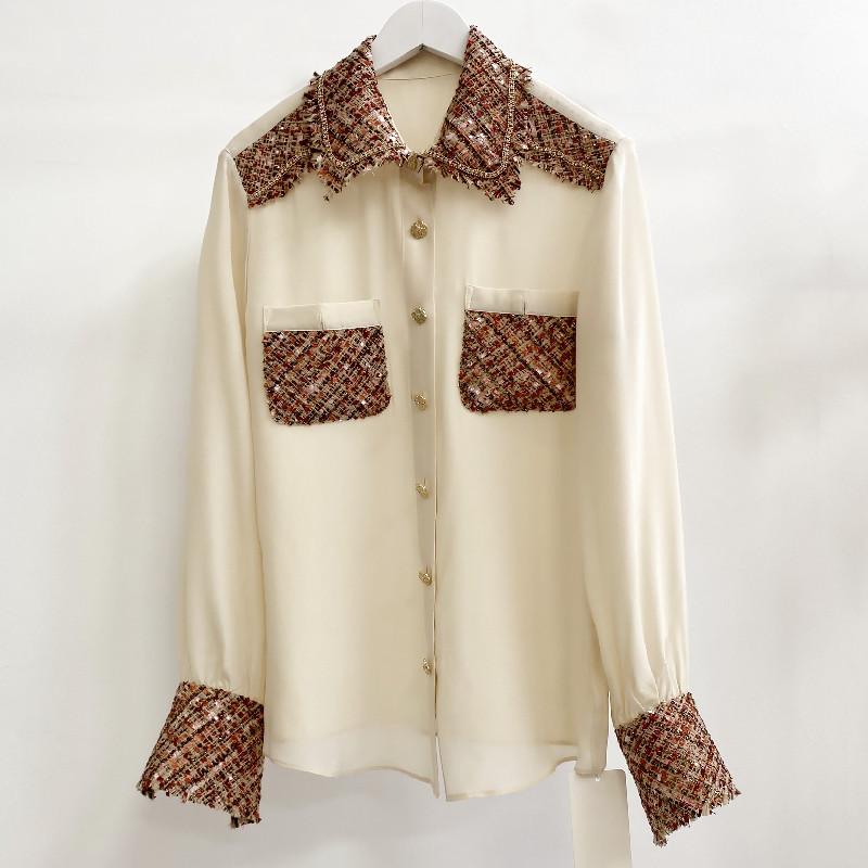 

Women' Blouses & Shirts JSXDHK Runway Designer Spring Office Ladies Elegant Women Chiffon Patchwork Tweed Diamonds Beading Button Shirt Top, Black