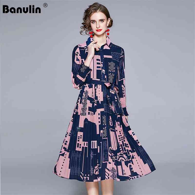 

Banulin Runway Fashion Spring Summer Women Party Dress Long Sleeve Vintage Elegant Flower Print Belt Midi Shirt 210603, The picture color
