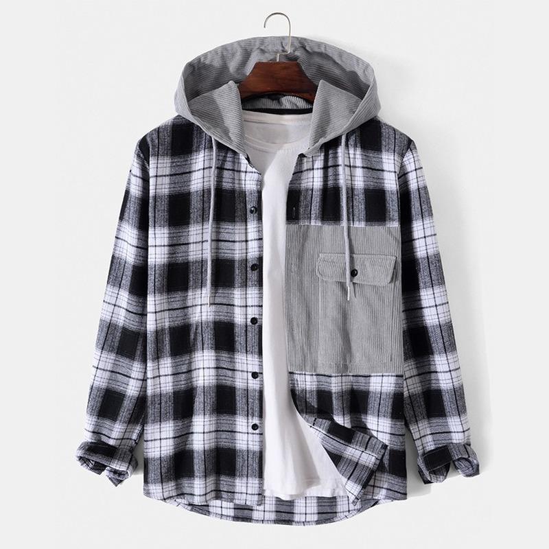 

Men's Jackets Men Clothing 2021 Fall European American Casual Jacket Plaid Hooded Long Sleeve, Black;brown