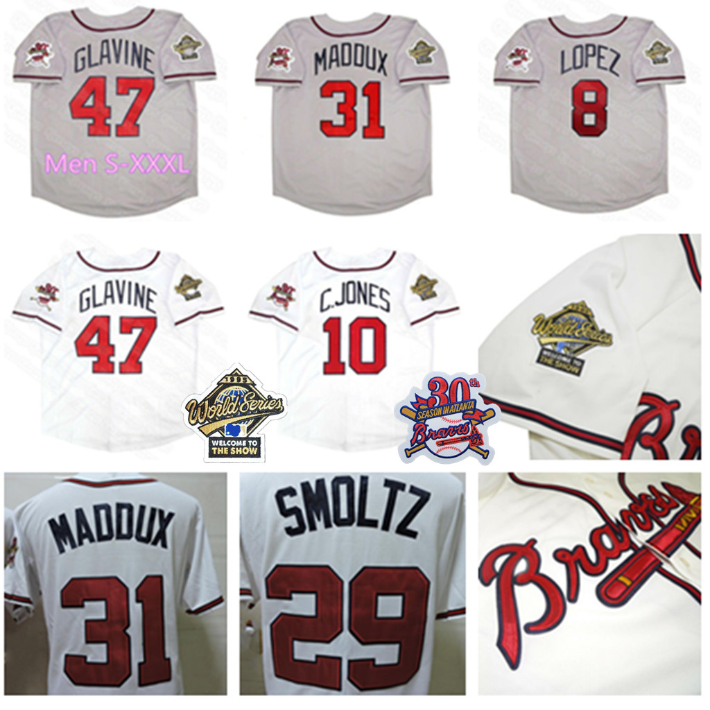 

1995 World Series Jersey Bobby Cox Javy Lopez Chipper Jones David Justice Smoltz Tom Glavine John Rocker Maddux White Grey Size S-4XL, Blue;black