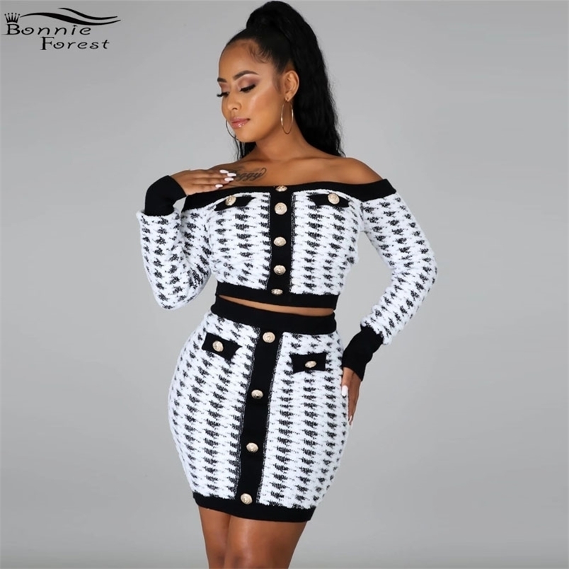 

Bonnie Forest Elegant Womens Color Block Tracksuit Skirt Set Two-Piece Vintage Printed Blazer Set Formal Work Office Suits 211109, Black