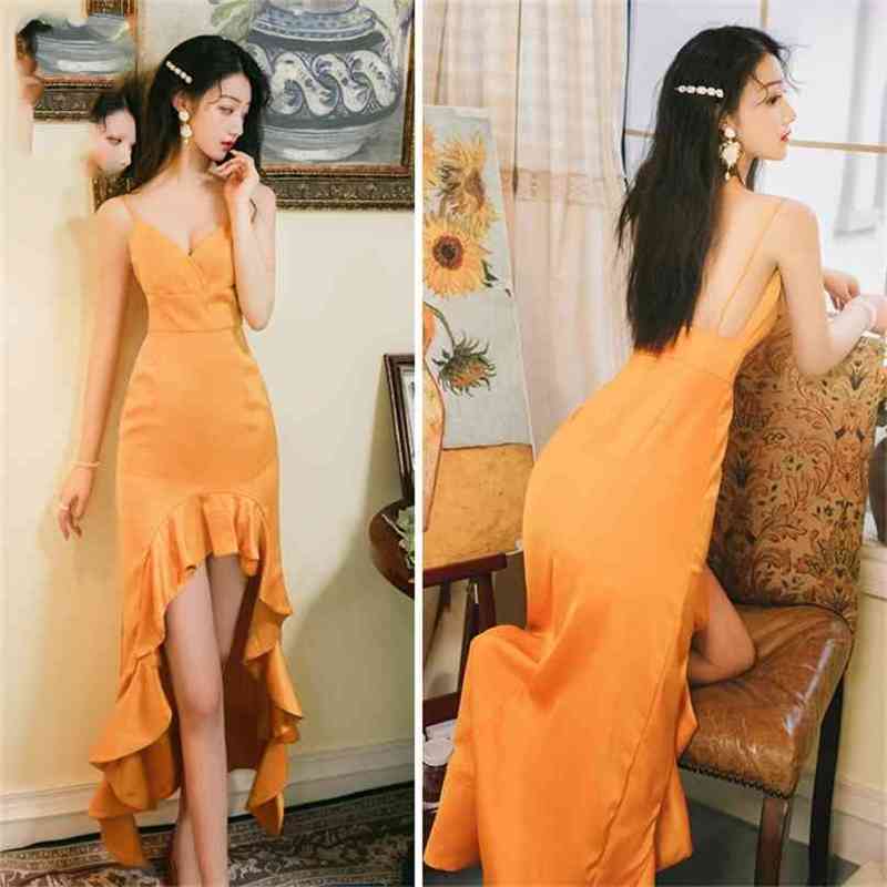 

Summer Yellow Ladies Party Dress Mermaid Sleeveless Backless V-neck Sexy Slim Trumpet Women Club 210603, Blue