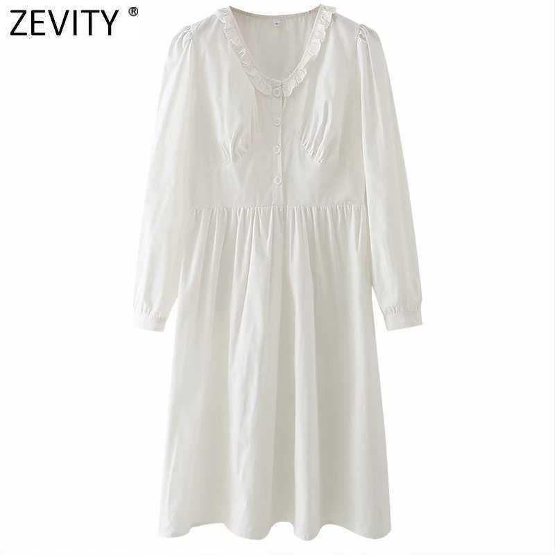 

Zevity Women Sweet Agaric Lace Collar Decoration Casual Dress Female Prairie Chic Puff Sleeve Vestido Pleats Clothing DS4942 210603, As pic ds4942gl