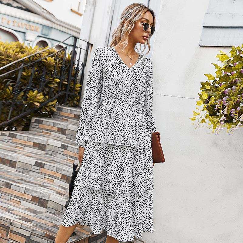 

Vintage Print Spring Autumn Long Dress Slim V Neck Ruffle Cake Elegant Party Dresses Vestidos W645 210526, White