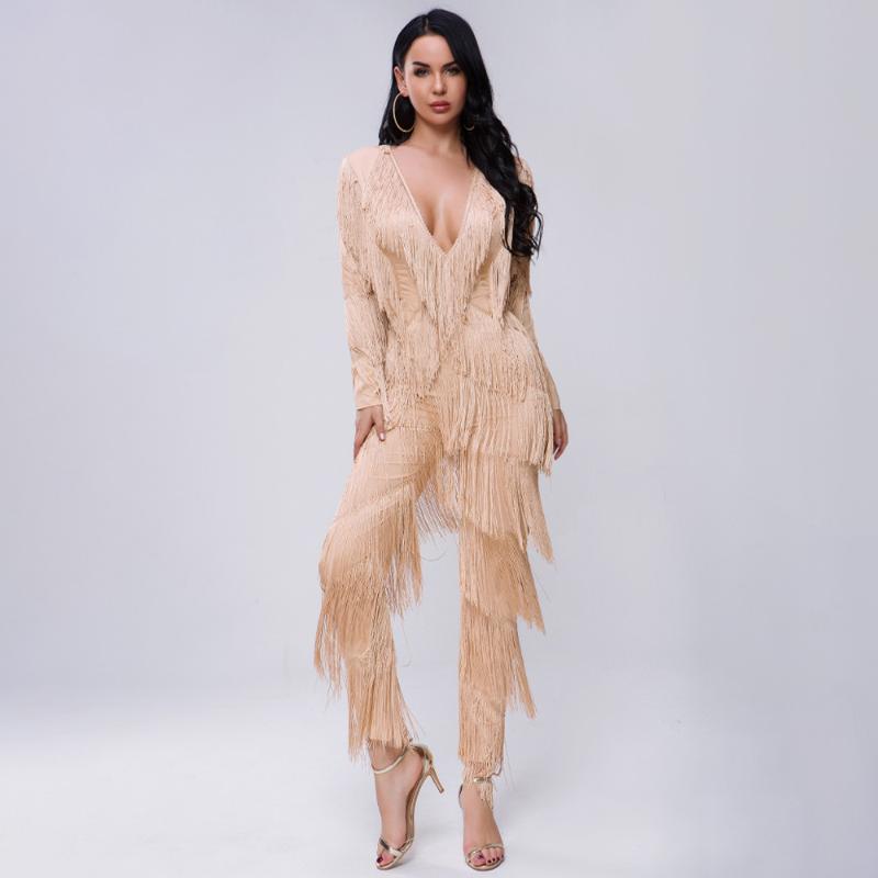 

Women' Jumpsuits & Rompers Autumn Fringes Womens Jumpsuit Tassels Sexy V Neck Long Sleeve Chic Outfits Fashion Low Cut Overalls, Black