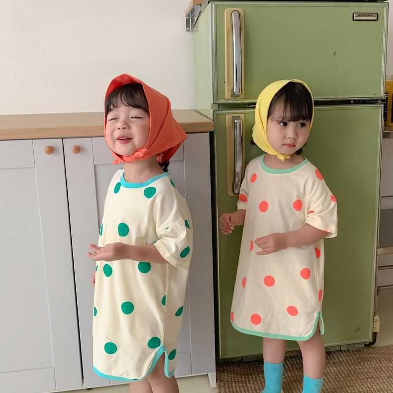 

Girls summer dot loose short sleeve Thin dresses children cotton casual soft mid-length princess dress 210615, Red dot