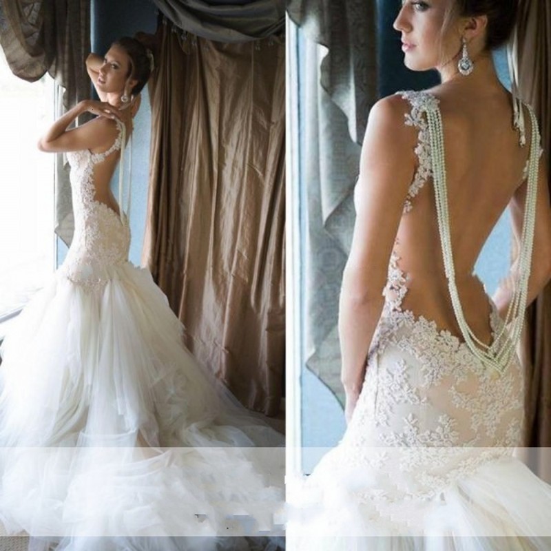 

2021 New Modest Mermaid Bridal Beaded Lace Applique Backless Train Wedding Es Gorgeous Vestido De Noiva Princess Uz7t, White