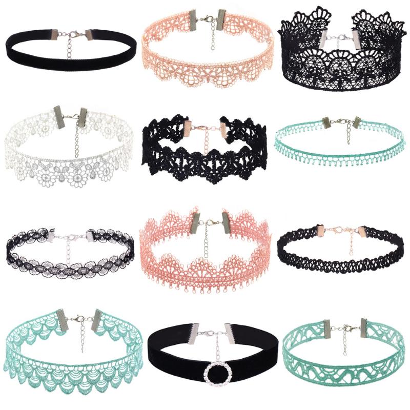 Pendentif Colliers 12 pièces Collier Collier Ensemble Stretch Velvet Classic Gothic Tattoo Dentelle Pendentifs géométriques Collier Femme